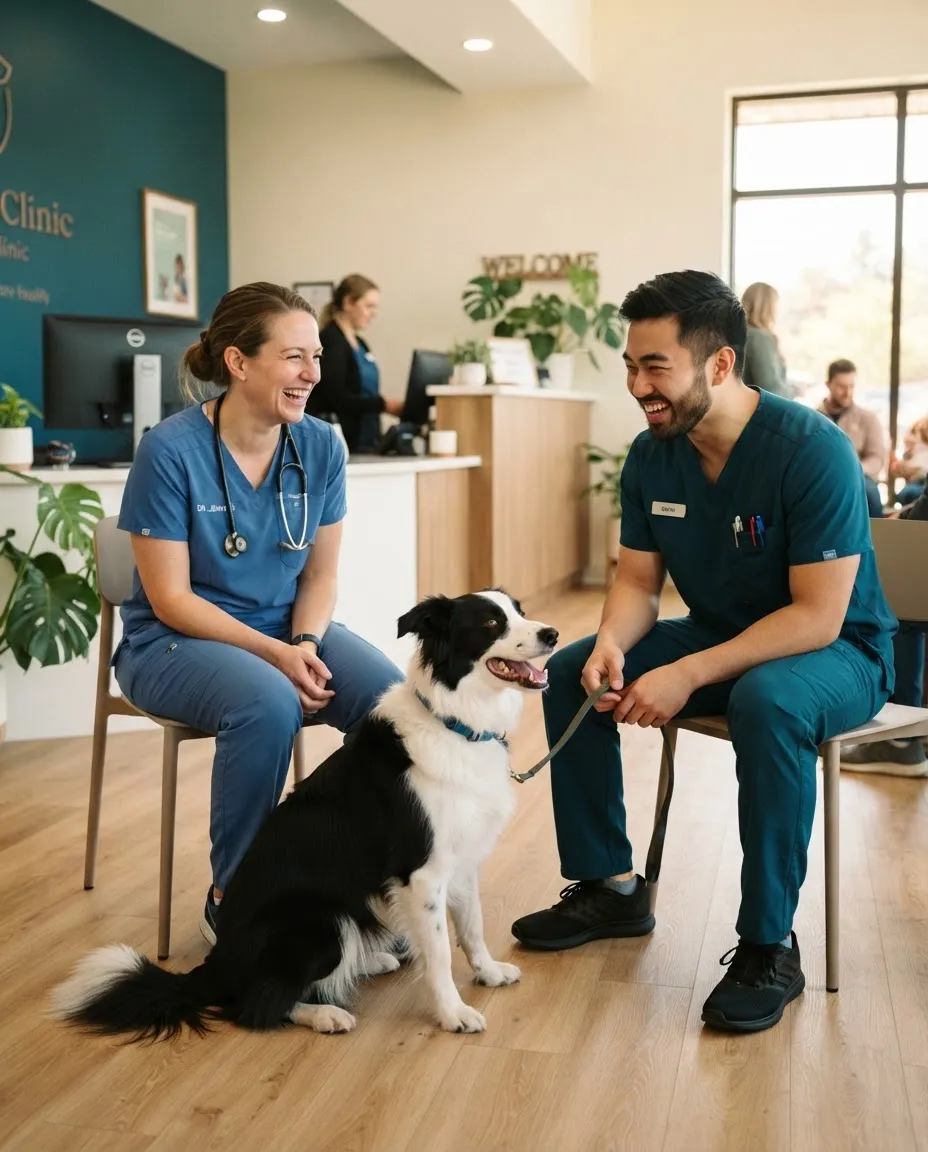A veterinarian and a vet tech laughing with a border collie in a clinic reception
